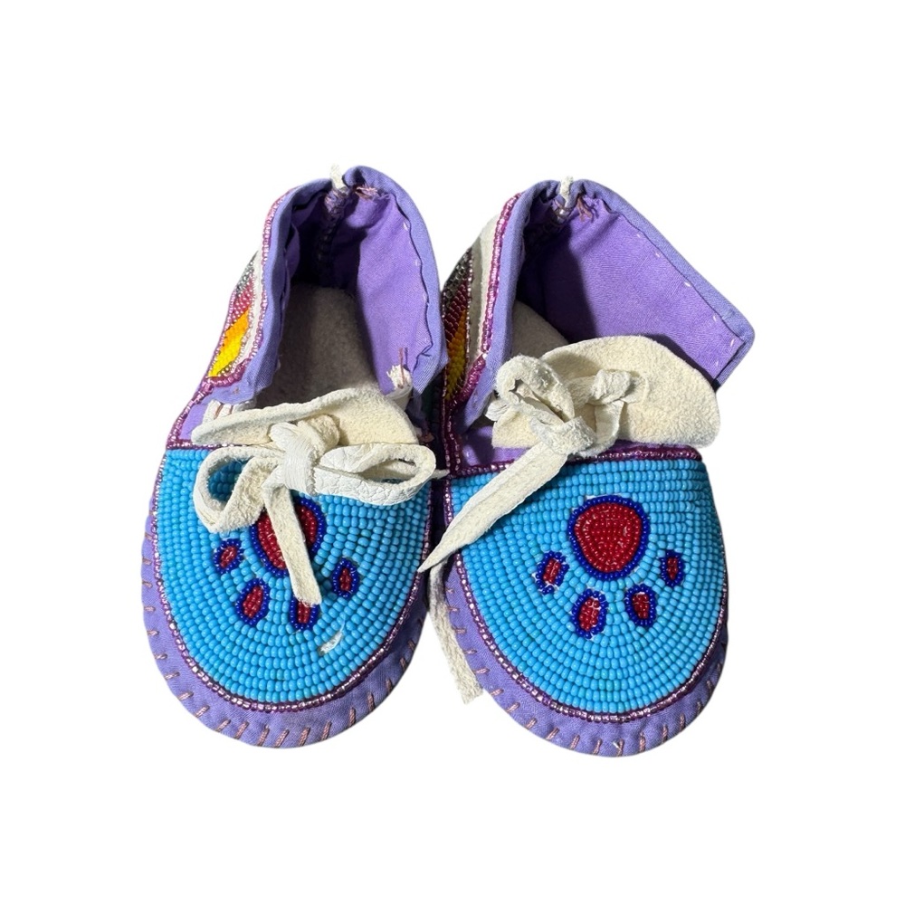 Hand Beaded Leather Baby Moccasins Blue Purple Soft Sole Infant 6–12M